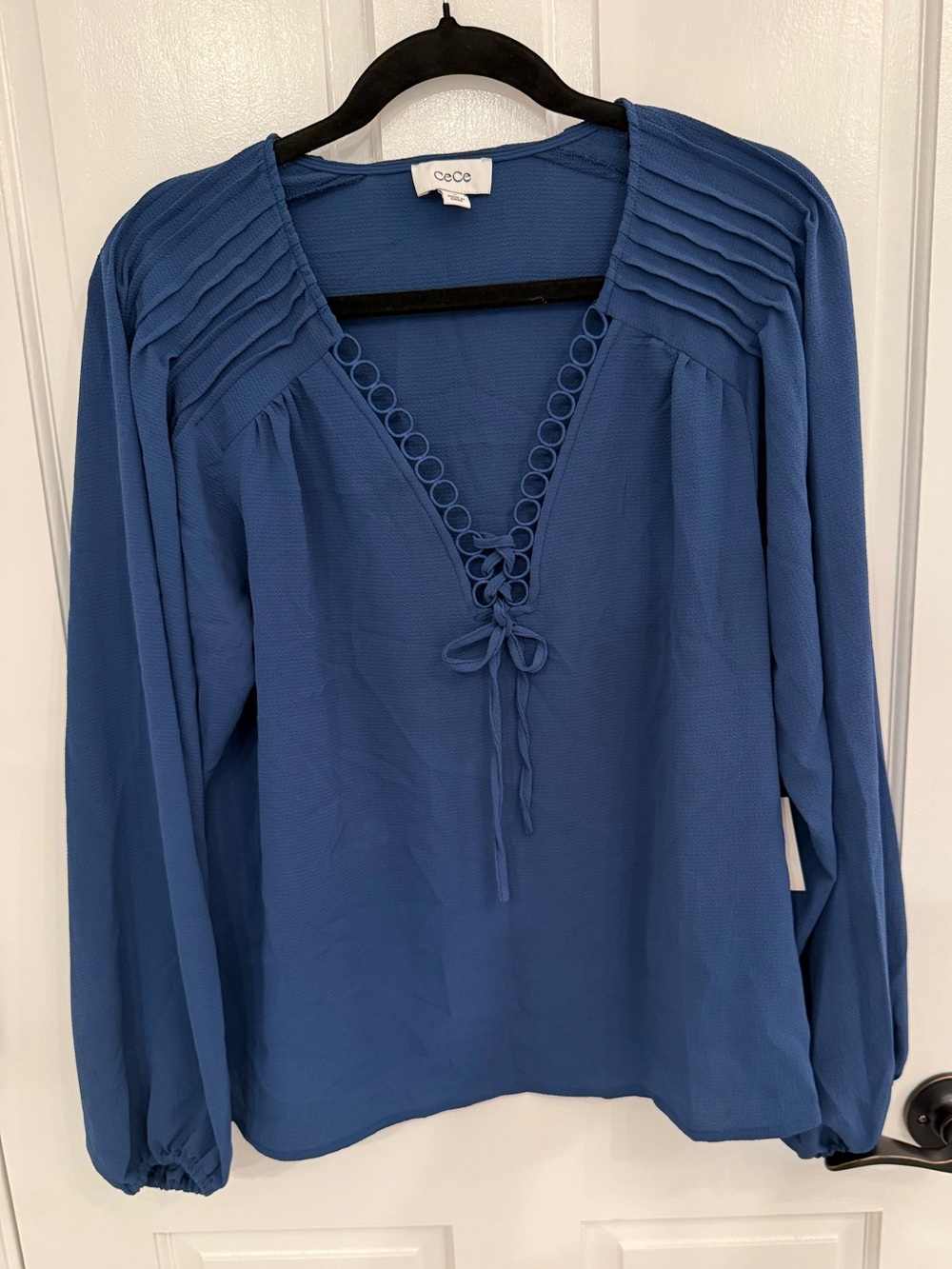 CeCe Royal Blue Lace-Up Pintuck Peasant Blouse NWT